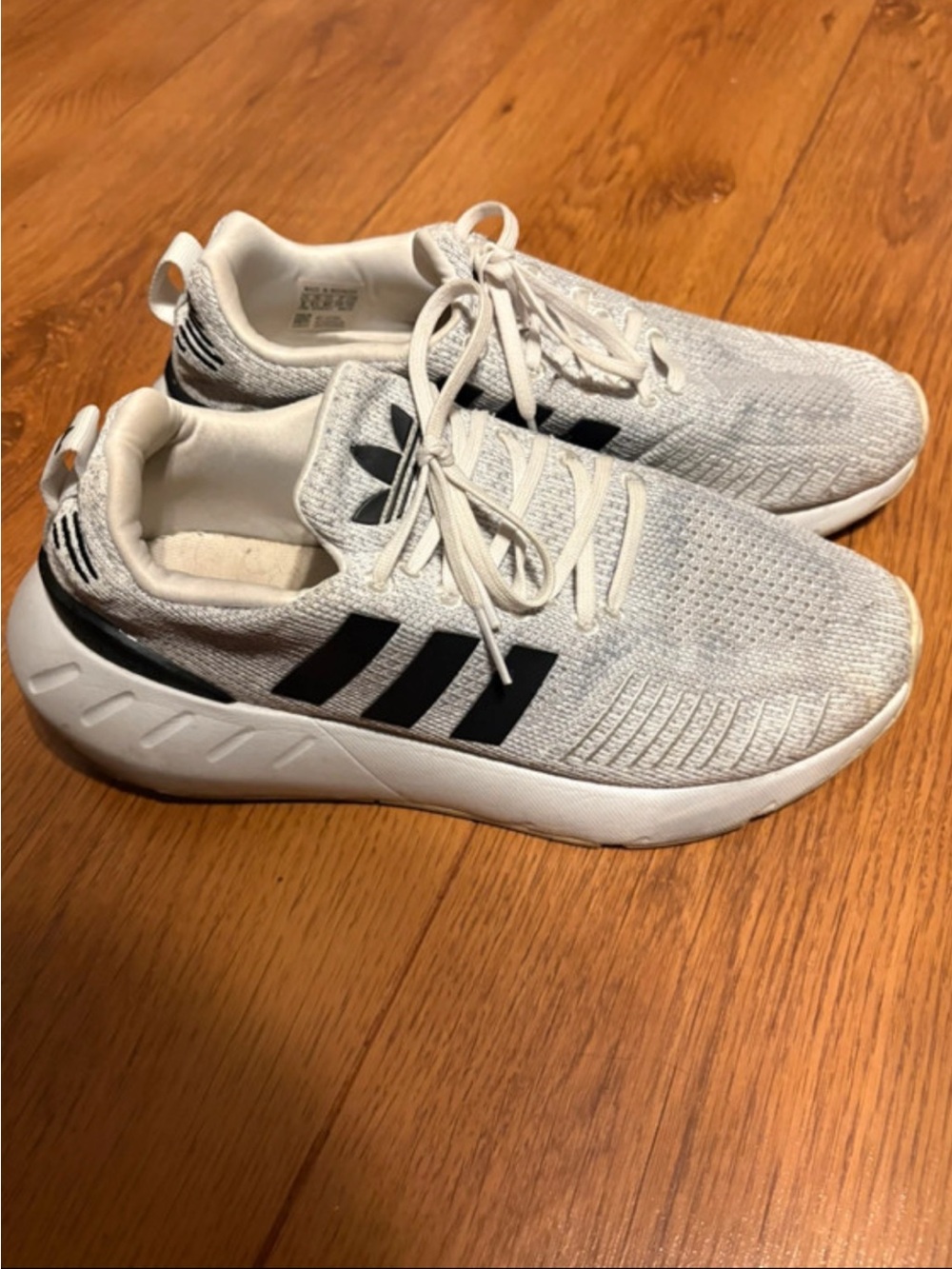 adidas White Knit Athletic Shoes with Black Stripes